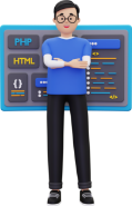 ilustração de um programador em pé na frente de uma tela com códigos